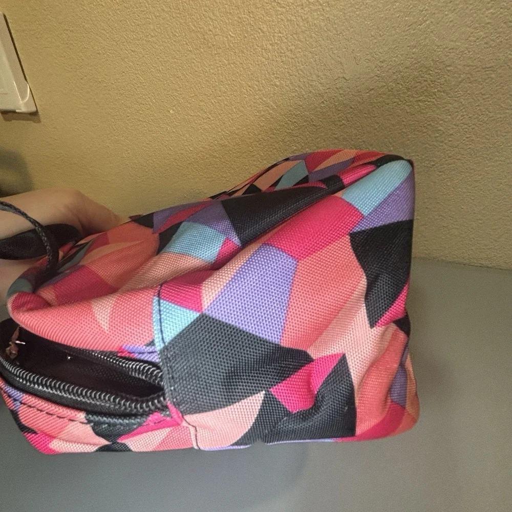 Colorful Geometric Insulated Lunch Bag Double Handles Side Pockets, Gold Zipper